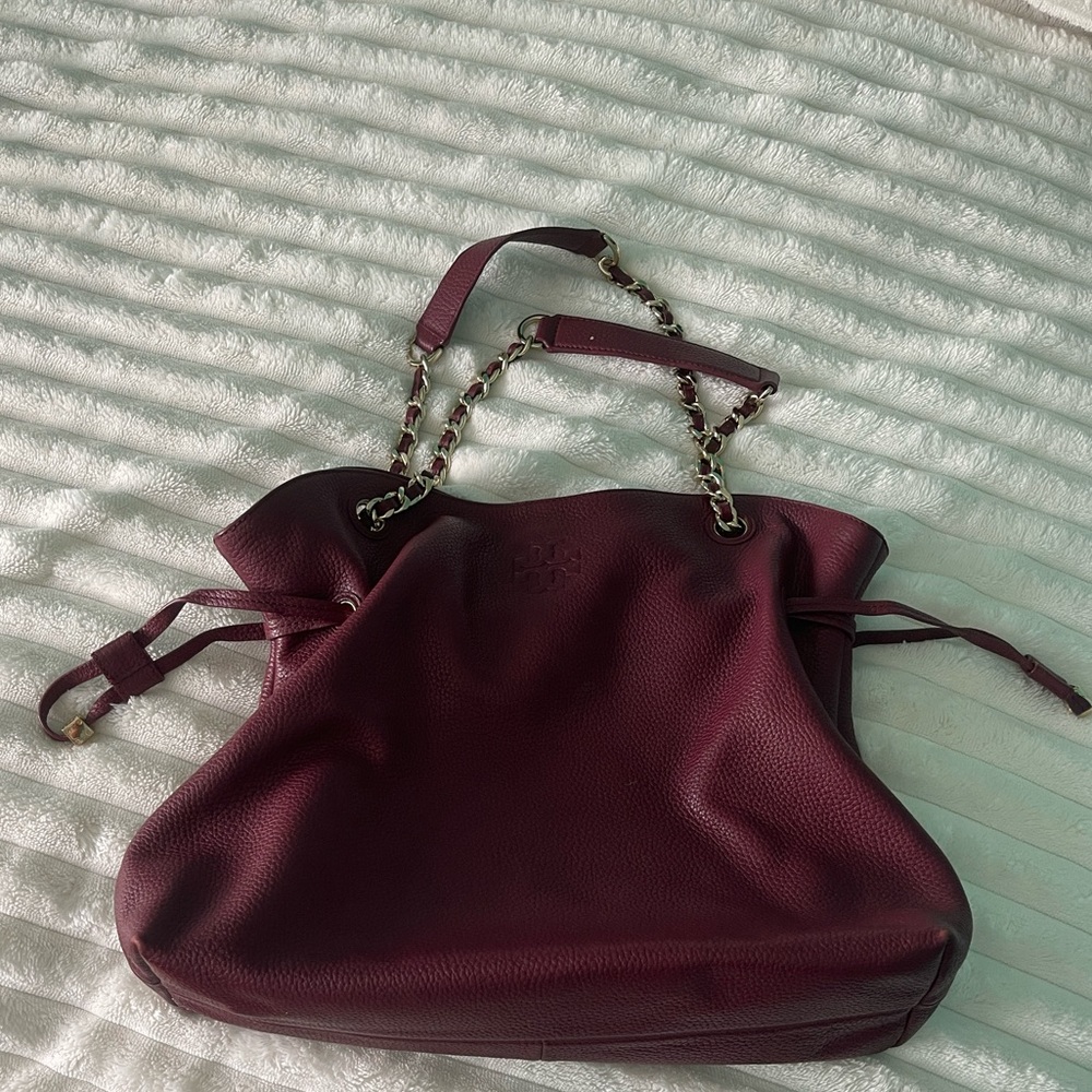 Tory Burch Deep Wine Pebbled Leather Shoulder Bag with Chain Straps